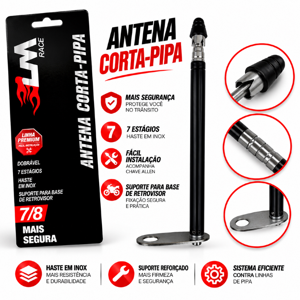 Antena Corta Pipa para Retrovisor Moto Retrátil com 7 estágios Anti Cerol Haste Inox Preto