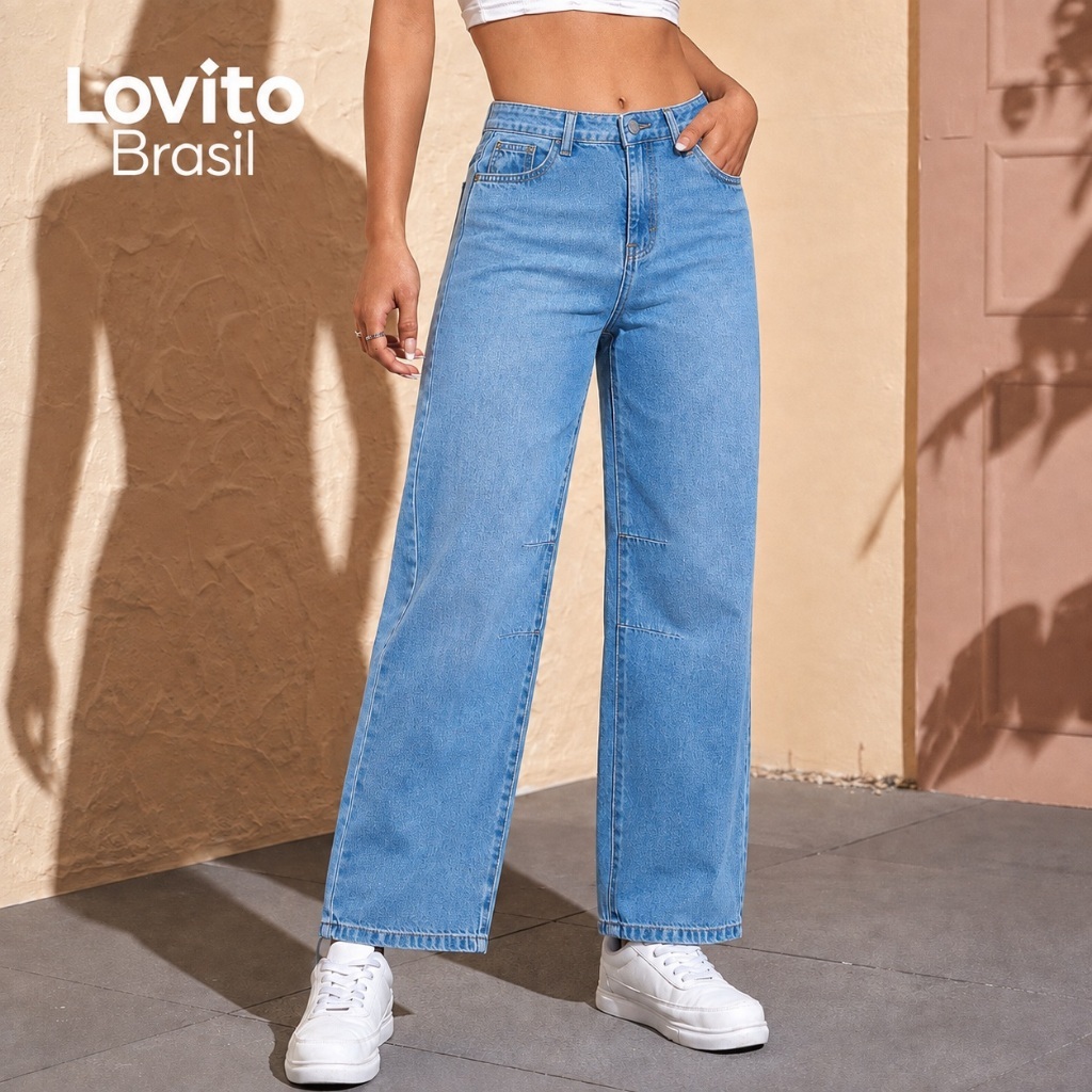Lovito Calça Jeans Mom Casual Moda Cintura Alta Lisa para Mulheres JNB902BRL932