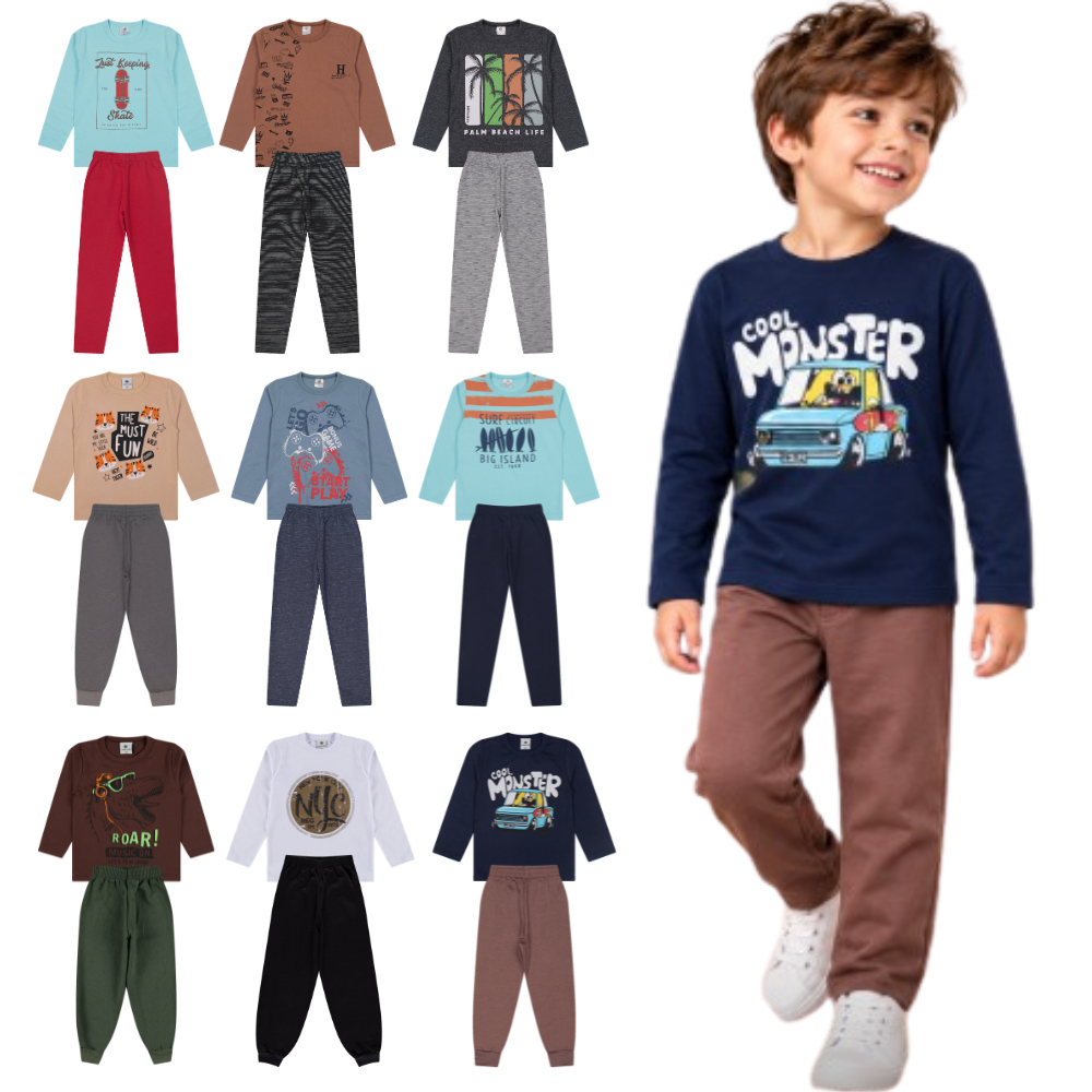 Kit 6 Peças Conjunto Meia Estação Menino do Tamanho 1 a 10 Anos | Blusa + Calça Moletom Infantil - Envio Sortido