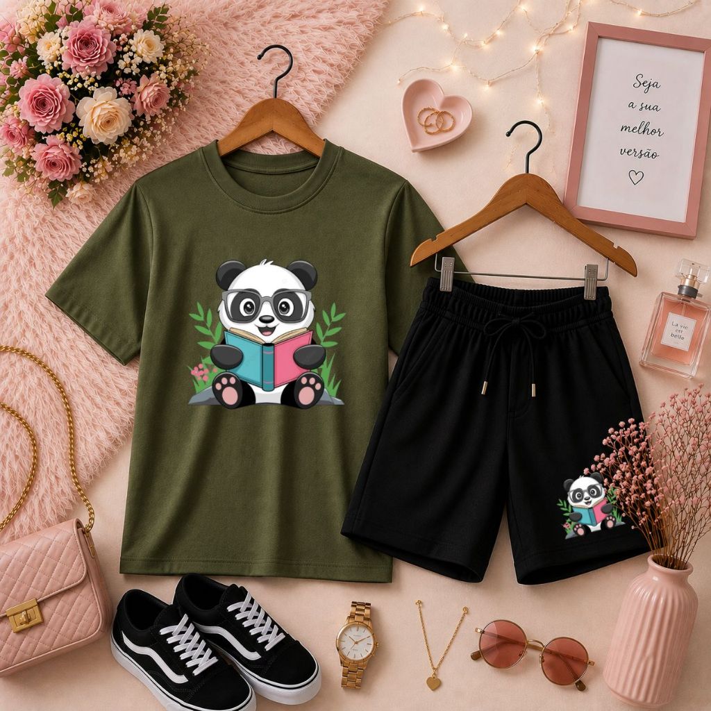 Look Casual e Fofo Conjunto Infantil Feminino com Camiseta Básica e Short de Moletom Estampa de Panda Fofo