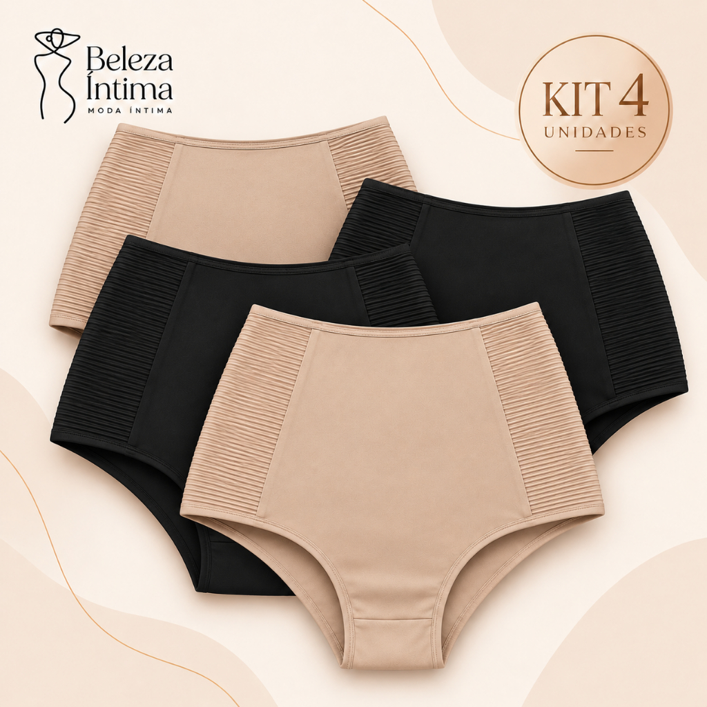 Kit 4 Calcinhas Cinta Modeladora Feminina Cintura Alta com Elástico Reforçado