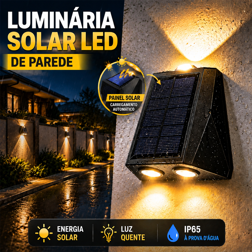 Kit 4 Arandela LED Solar Luz Quente, Luminária Solar De Parede à Prova D'Água Jardim Muro