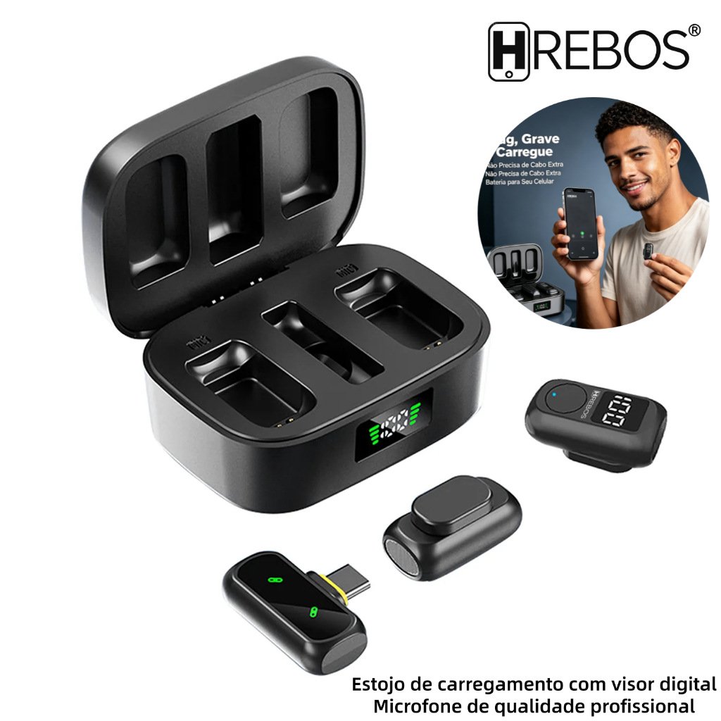 Microfone Lapela Sem Fio Hrebos com Estojo Display e Cancelamento de Ruído IA para Celular Type-C TikTok Vlog