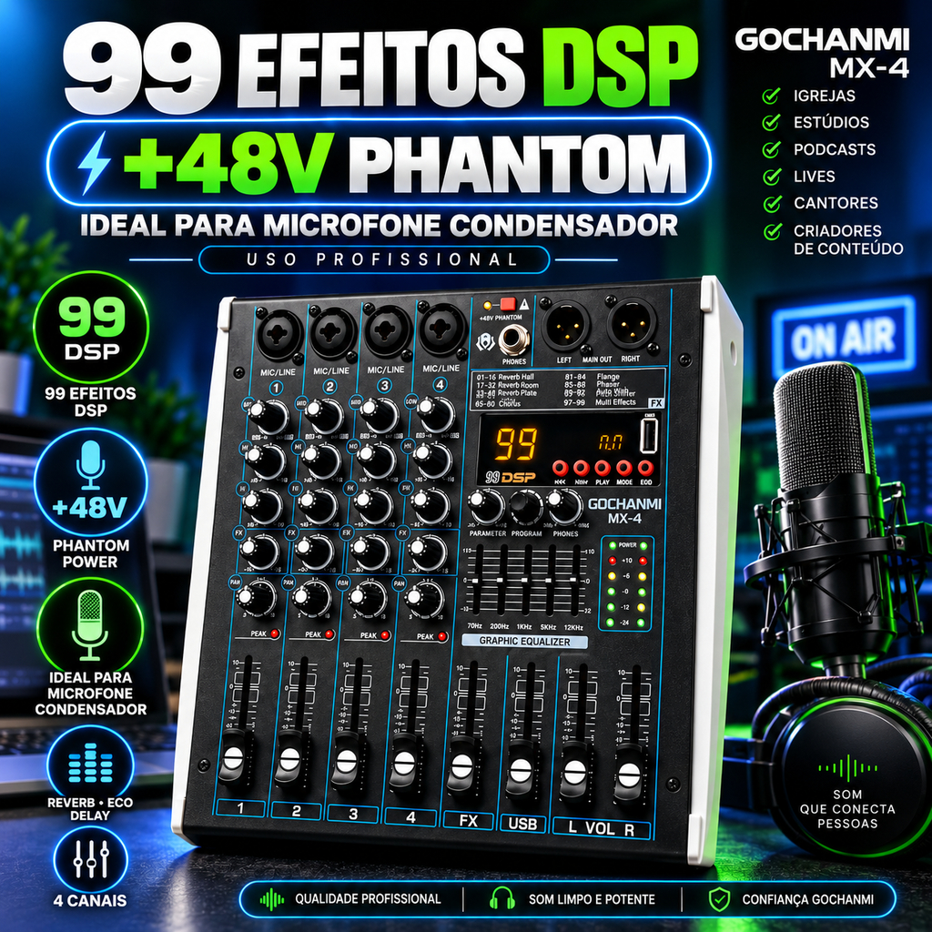 Mesa de Som MX-4 4 Canais 99 Efeitos DSP Phantom 48V Bluetooth USB para Microfone Condensador