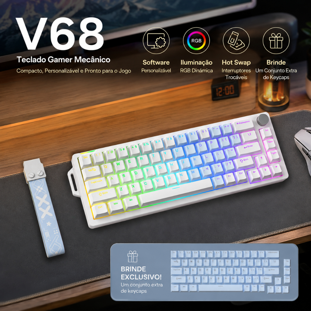V68 Teclado mecânico 60% RGB hot-swap Software NKRO com fio botão giratório ergonomia jogos escritório win mac laptop