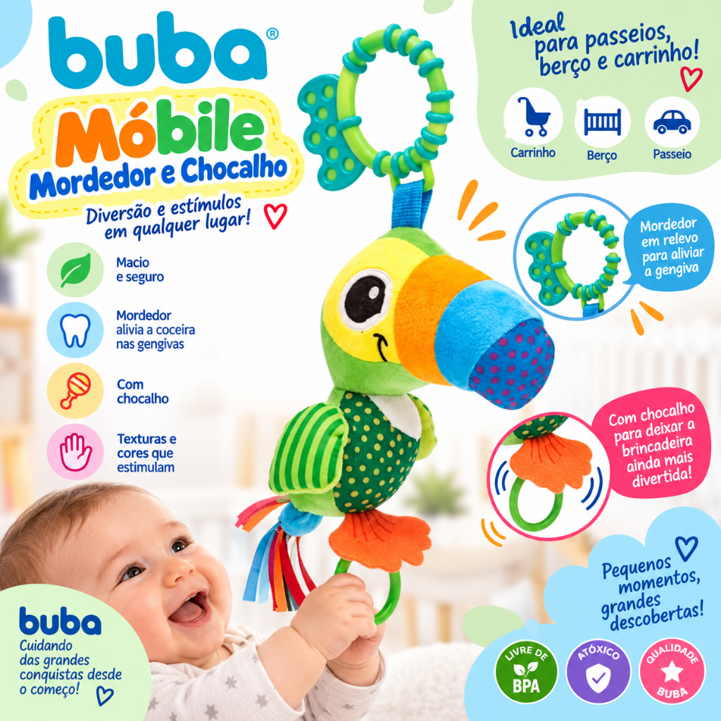Móbile de Pelúcia Tucano Buba - Com Mordedor, Chocalho e Estimulação Sensorial