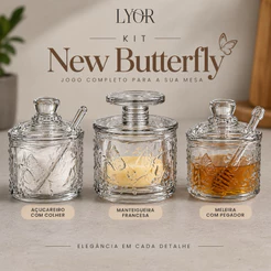 KIT NEW BUTTERFLY LYOR 3 PEÇAS – JOGO COM MELEIRA, AÇUCAREIRO E MANTEIGUEIRA FRANCESA | CONJUNTO MESA POSTA