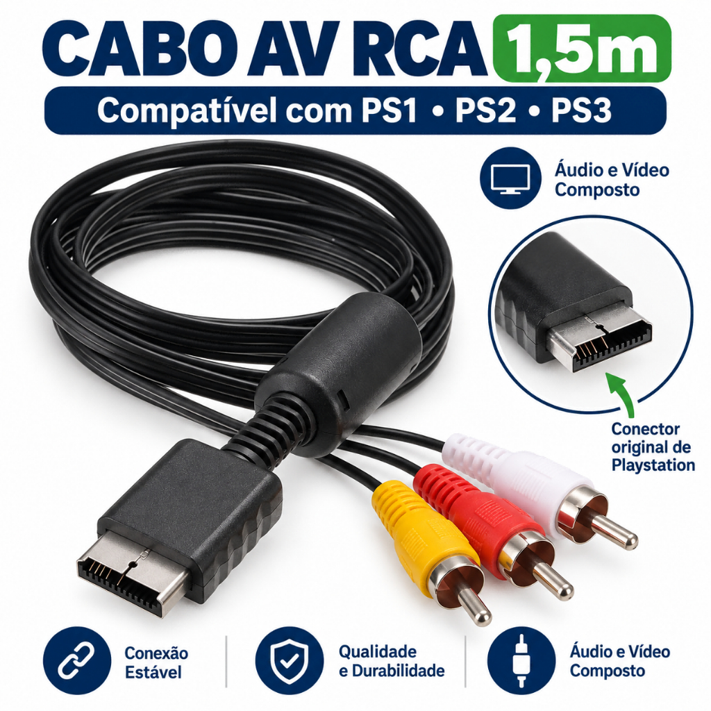 Cabo AV RCA Áudio e Vídeo 1,5m Compatível com PS1 PS2 PS3 Entrada Composta 3 Pontas Não HDMI