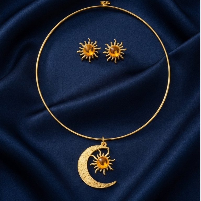 Conjunto Eclipse - Chocker Brincos Sol Lua Amarelo