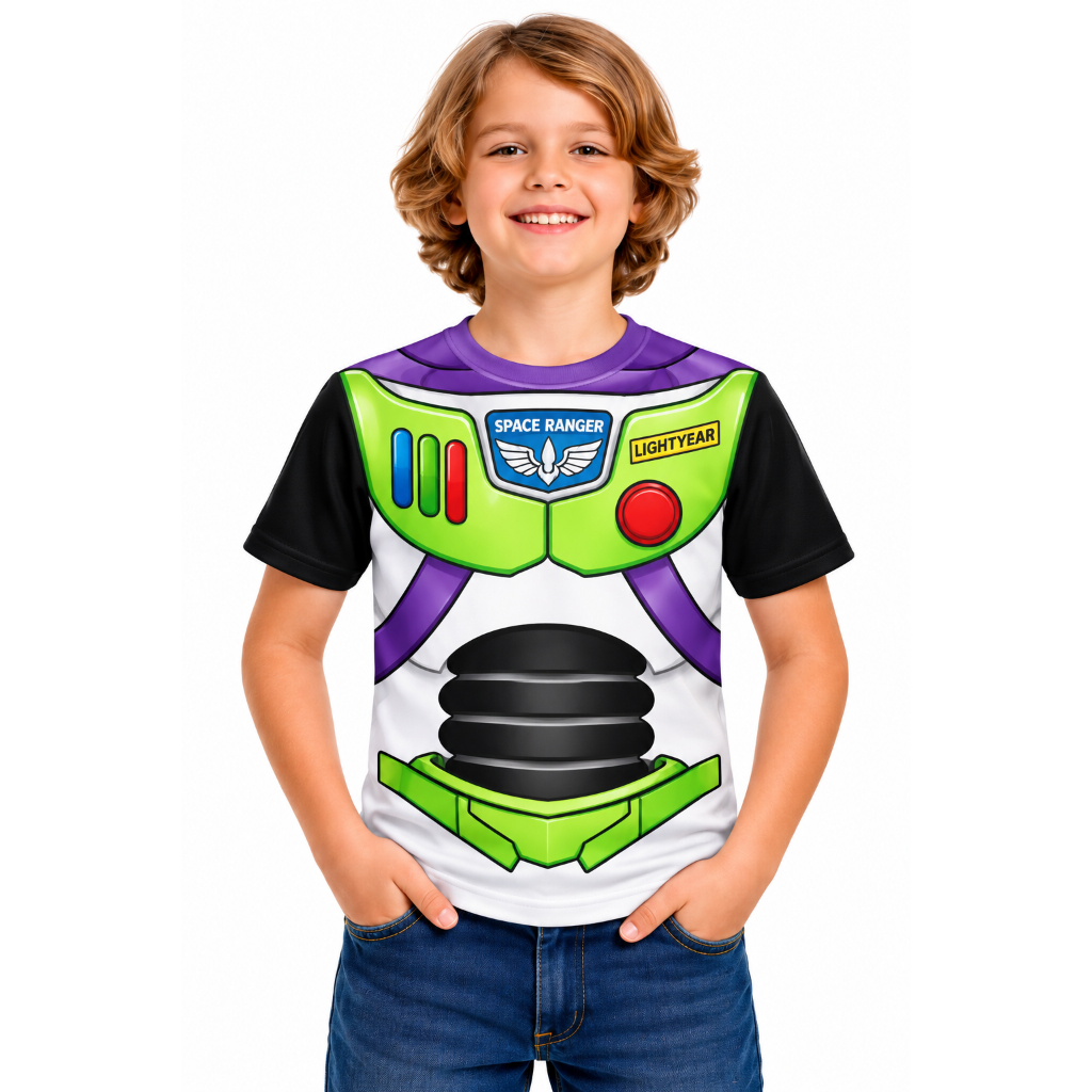 Camiseta Infantil Menino Fantasia Cosplay Estampada Manga Curta Buzz