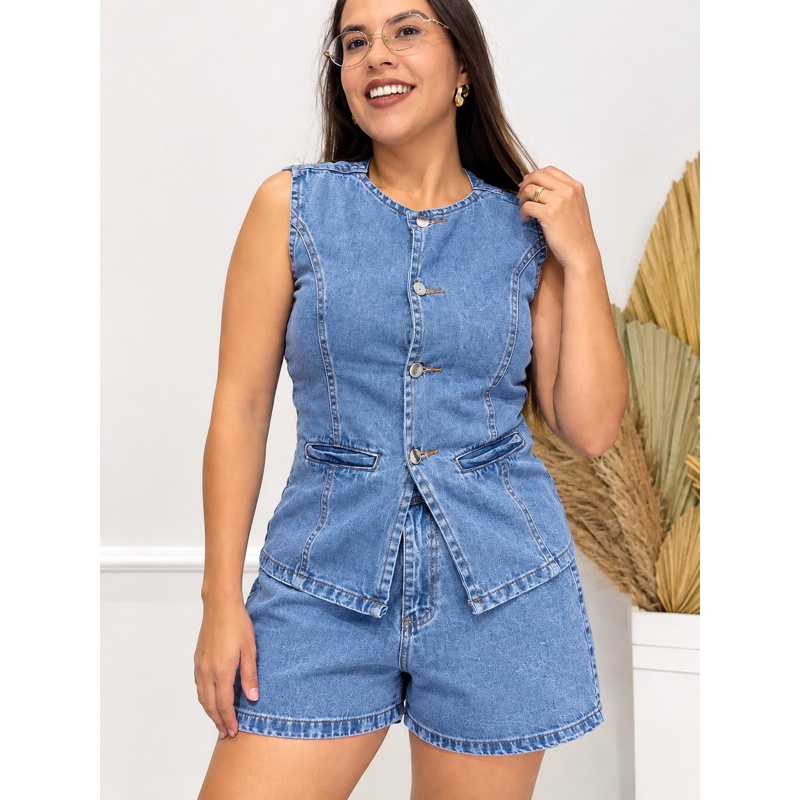 Conjunto Colete Jeans Feminino Casual Sem Elastano Confortável Tamanhos P ao GG