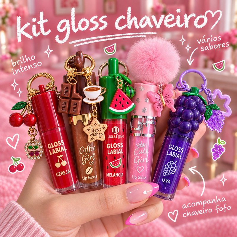 Kit Gloss Chaveiro Fofo Infantil Lip Oil Hidratante 15 Unidades Coleção Presente