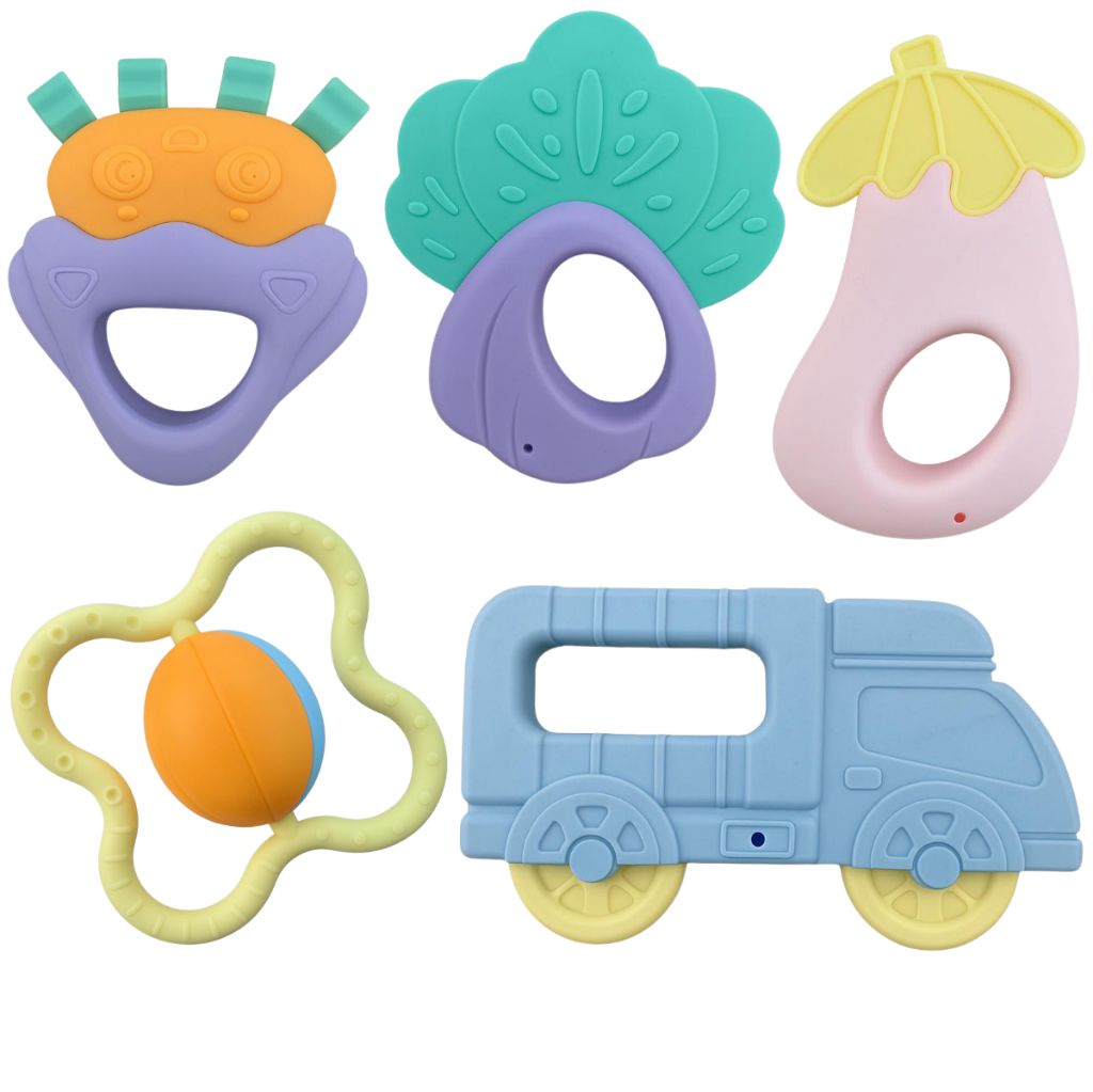 Kit 5 Mordedores e Chocalhos para Bebê Coloridos com Texturas