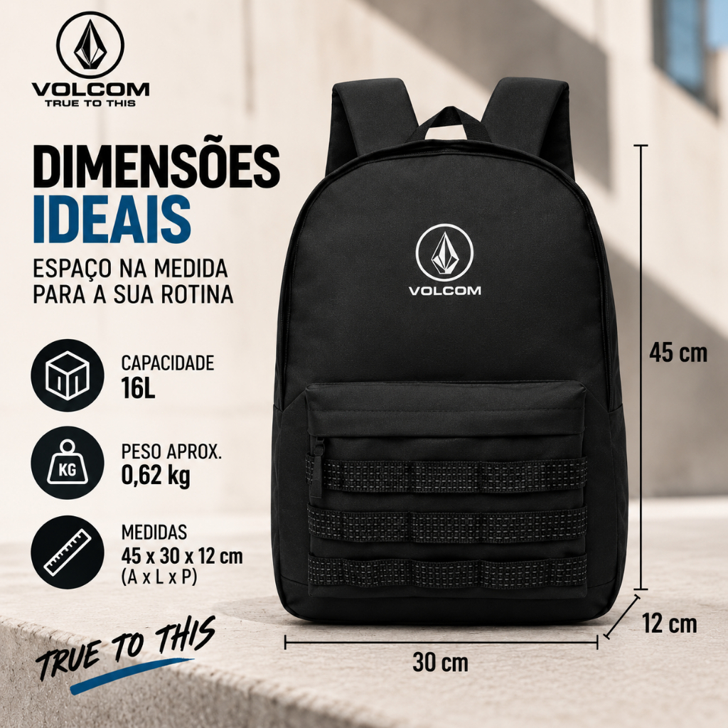 Mochila Volcom Escolar Universitária Faculdade Trabalho Espaçosa Resistente 16L