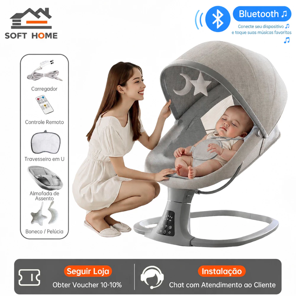 SOFTHOME Cadeira de Balanço Elétrica 5 em 1 | Música, Controle Remoto e Mosquiteiro para Seu Bebê