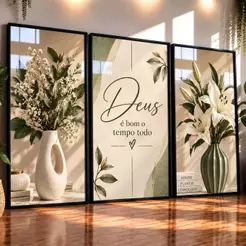 Quadros Decorativos Deus é Bom o Tempo Todo Kit 3 Peças Floral Verde Lírios para Sala Quarto Decoração Cristã