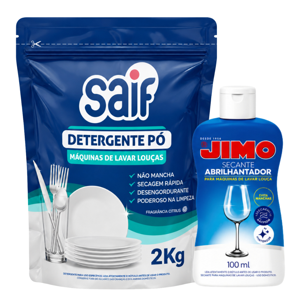 Kit Detergente em Pó Saif 2 kg + 1 Secante Abrilhantador Jimo para Lava-Louças