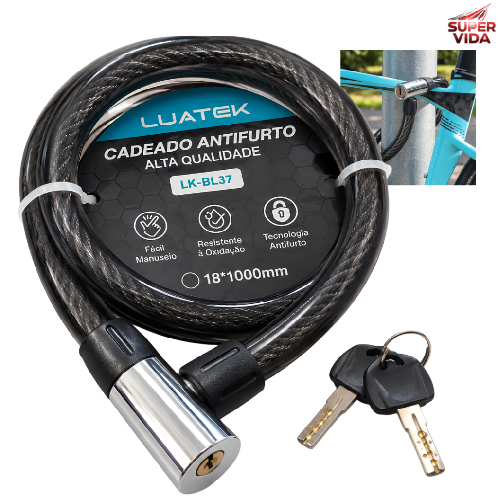 Cadeado para Bicicleta Cabo de Aço Antifurto 1m 18mm com 2 Chaves Revestido Flexível LUATEK