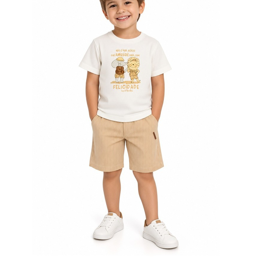 Conjunto Infantil Menino Nini Bambini Verão Camiseta  + Bermuda Listrada Tecido Plano