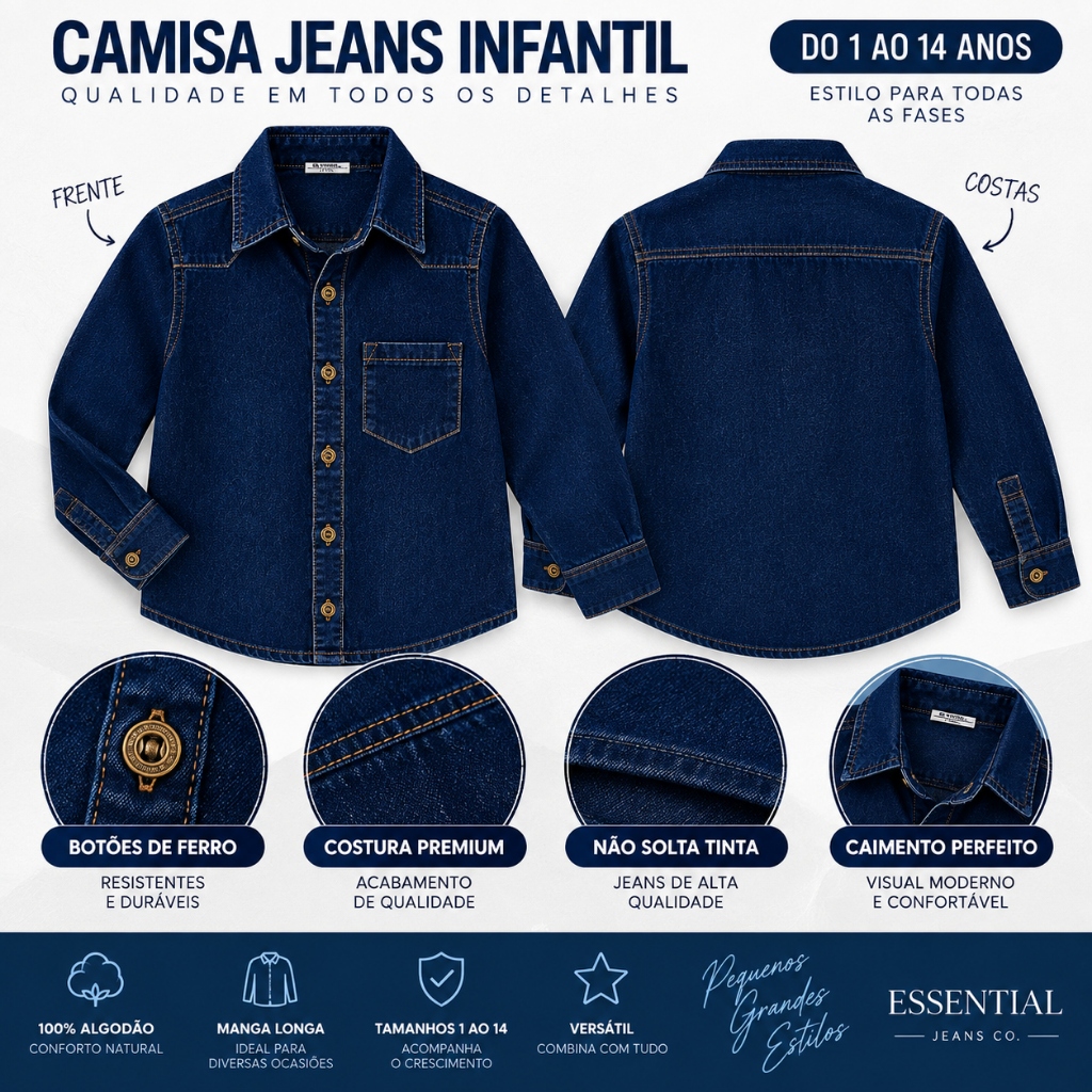 Camisa Jeans Menino Manga Longa Infantil Juvenil 1 ao 14 Azul Claro Escuro ou Kit 2 Peças — imagem 2 de 2
