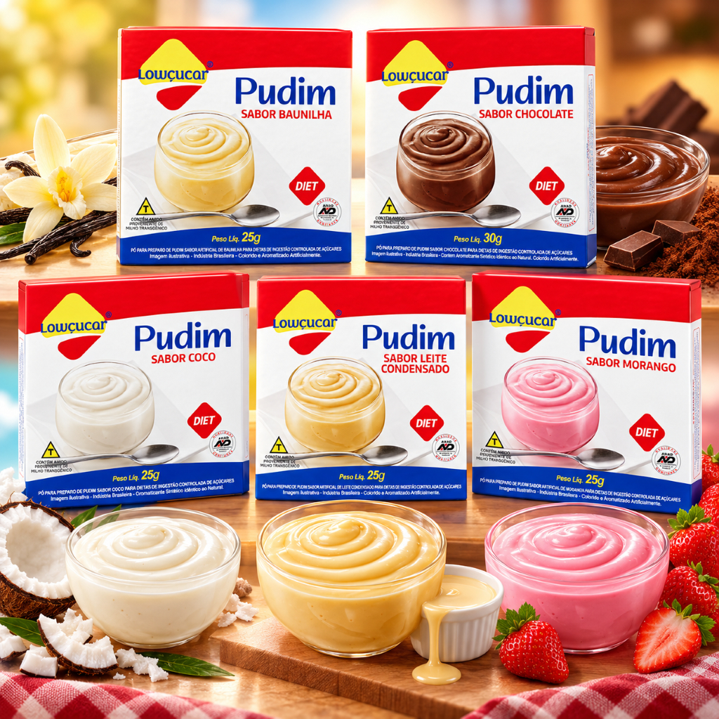 Kit 6 Pudim Lowçucar Diet Sabor Chocolate Baunilha Morango Leite Condensado Coco 30g