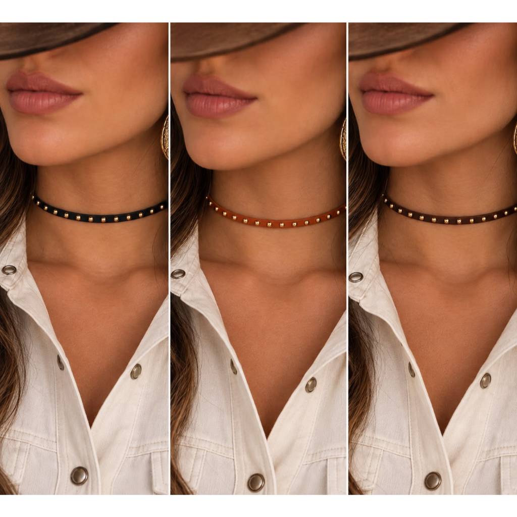 Chocker de camurça caramelo/marrom ou preta com tachas dourada 🌵wester cowntry 🌵 Colar Boiadeira lançamento Courinho B03