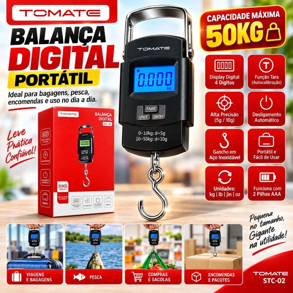 Imagem Balança Digital Portátil Tomate STC-02 Até 50kg Gancho Aço Inox LCD Tara Para Mala Pesca Viagem Bagagem