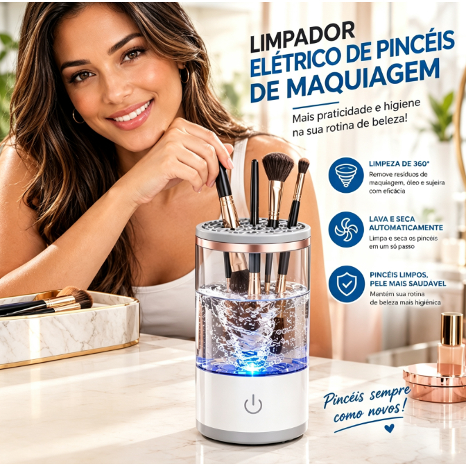 Limpador elétrico para pincéis de maquiagem limpeza rápida e secagem automática prático