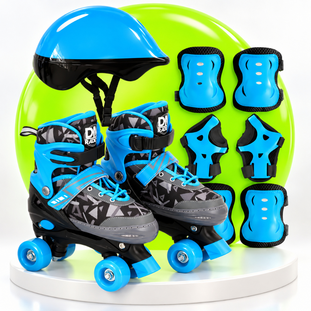 Patins Infantil Quad 4 Rodas Ajustável Regulável com Kit de Proteção Menino Menina Azul Rosa
