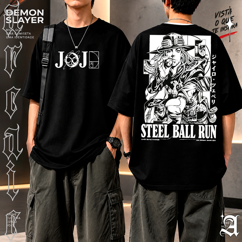 Camiseta Unissex Oversized Estampa Dupla‑Face JOJO Steel Ball Run Anime Retro Streetwear Camiseta Casual Confortável