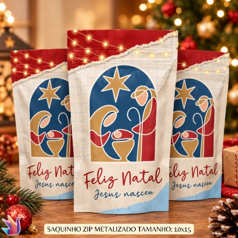 Saquinho Zip Metalizado 10x15 Natal | Lembrancinha | Festa |Kit Presente | Embalagem Natalina