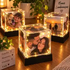 Foto Cubo 6,2 cm com Base e luz de fada - Personalizado com Foto | Dia dos namorados | Lembrança de Natal | Ano novo |