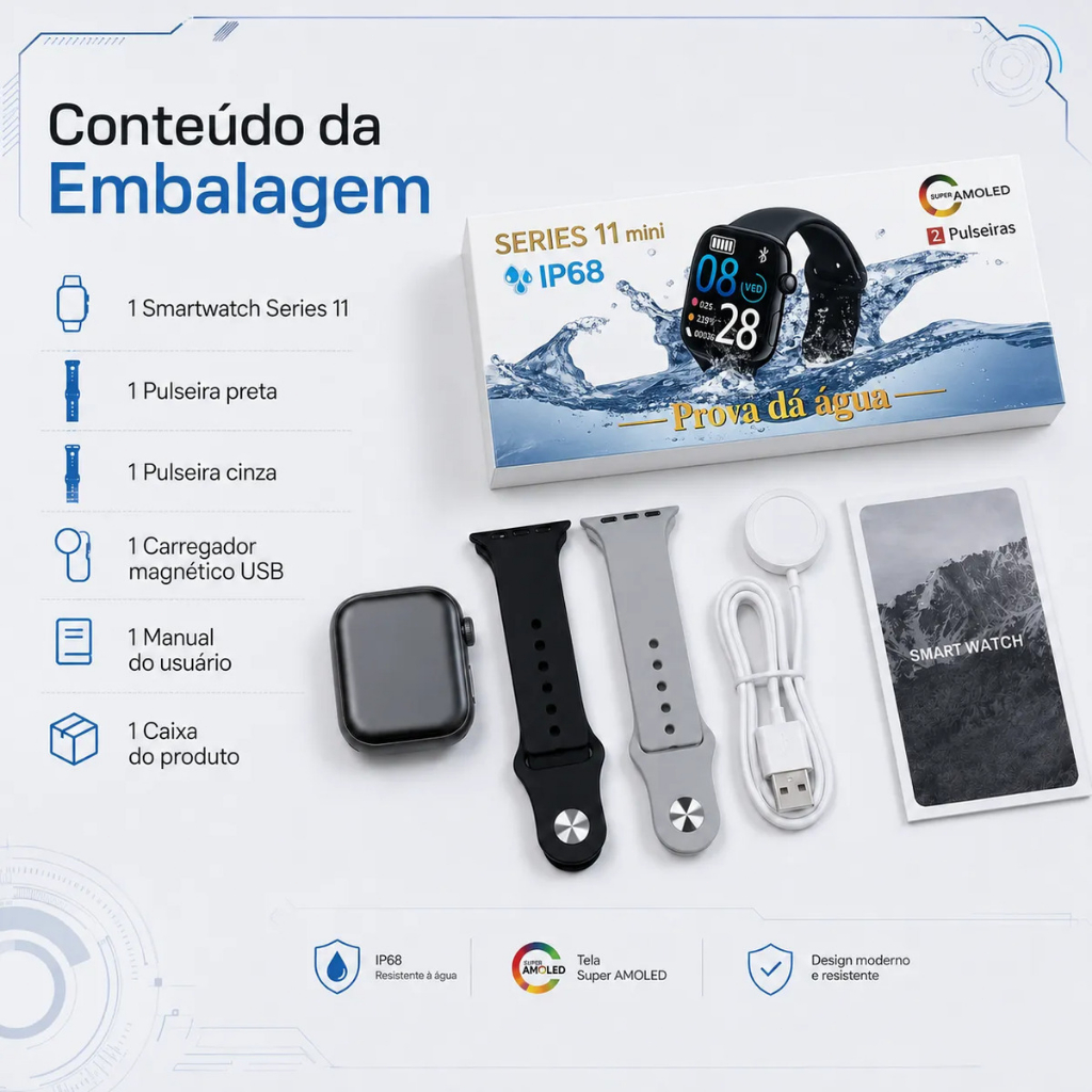 Smartwatch S11 Mini Amoled Chamada Bluetooth 2 Pulseiras Whatsapp Gps 2026 SMARTWATCH ADVANCED PRO