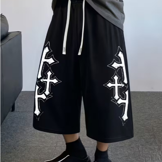 Bermuda Baggy Masculina Oversized Estampada Cruz Gótica Streetwear Bermudão Largo Hip Hop Casual