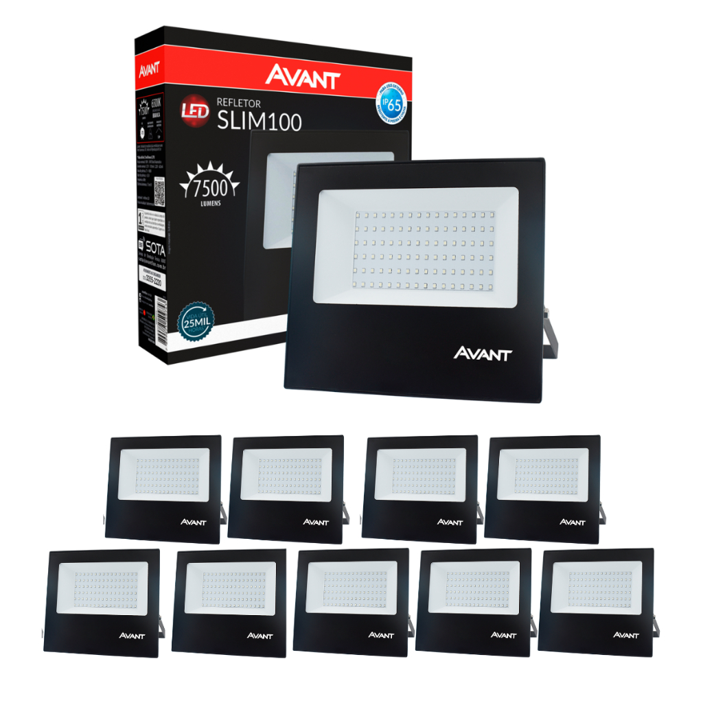Kit 10 Refletor Led Externo 100w 6500k Branco Frio 110v/220v Ip66 a prova d água Avant