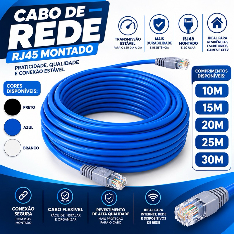 Cabo de Rede para Internet Crimpado RJ45 10/15/20/25/30 Metros