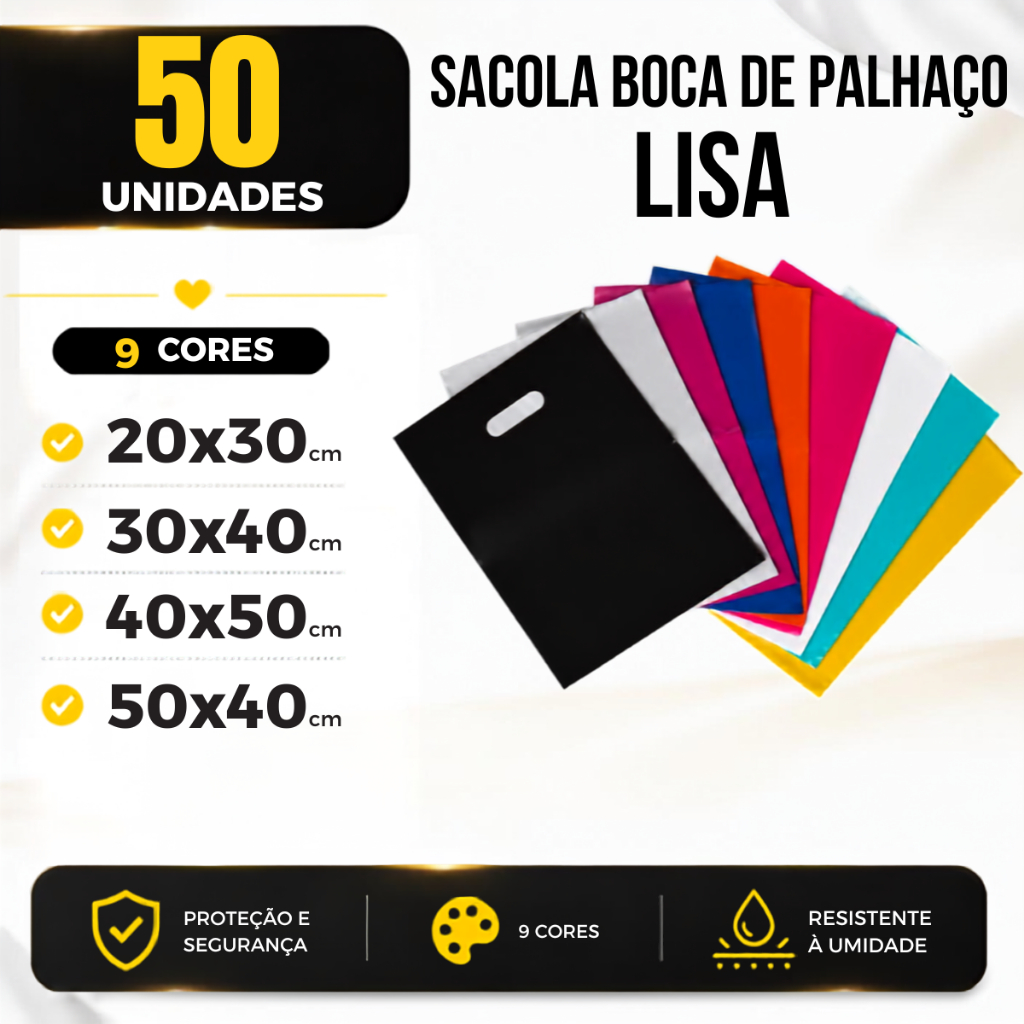 Kit 50 Sacola Boca de Palhaço 20x30 30x40 40x50 50x40 Sacolinha para Lojas Sacolas Boca de Palhaço