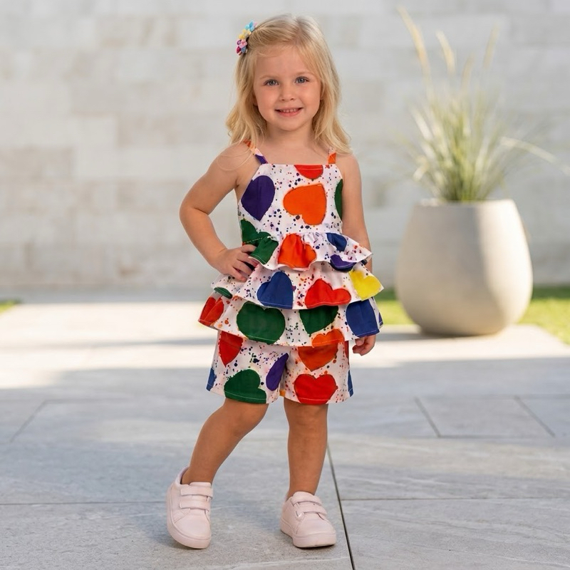 Roupa Infantil Conjunto Menina Blusa Short Tendência Tecido Leve Confortável Verão Feminino