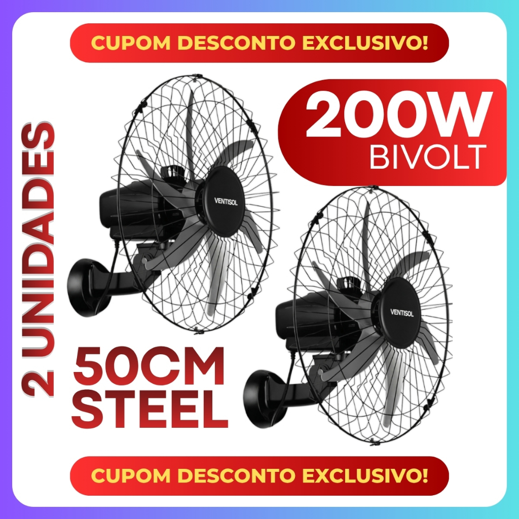 Kit 2 Ventilador de Parede Ventisol Steel 50cm Potente 200w Oscilante Silencioso Bivolt 6 Pás