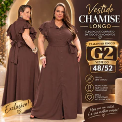 ✨🥰Vestido Feminino Longo Chemise BABADO Faixa Cintura G2 Plus Longa Gestante Botões Alfaiataria✨🥰