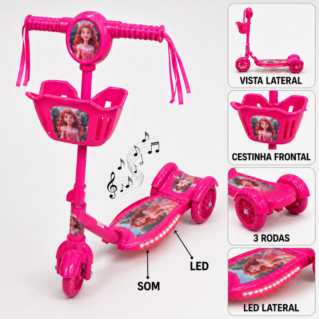 Patinete Infantil Princesa Rosa 3 Rodas e Freio Com Luz LED Som Musical Cestinha Brinquedo Menina Criança