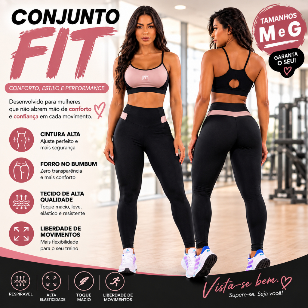 Conjunto Fit Academia Bicolor | Top e Calça Legging | Com Forro no Bumbum Zero Transparência