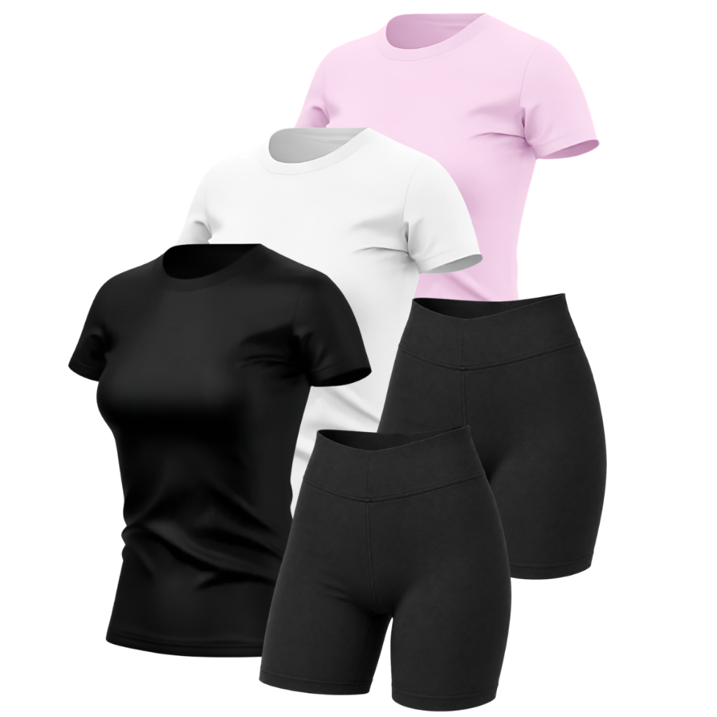 Kit 3 Baby Look Camisas 2 Short Cintura Alta Suplex Feminino Academia Fitness