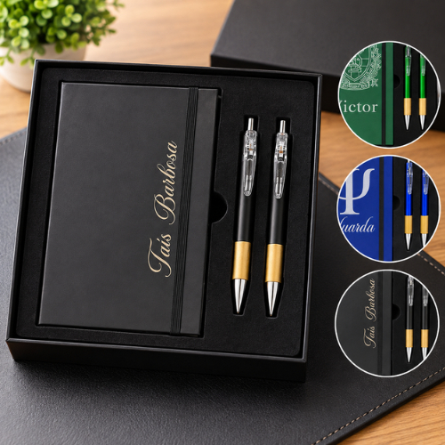 Kit Caderno + Caneta + Lapiseira Personalizada Caixa Presenteável 4 Cores Formatura Luxo Executivo