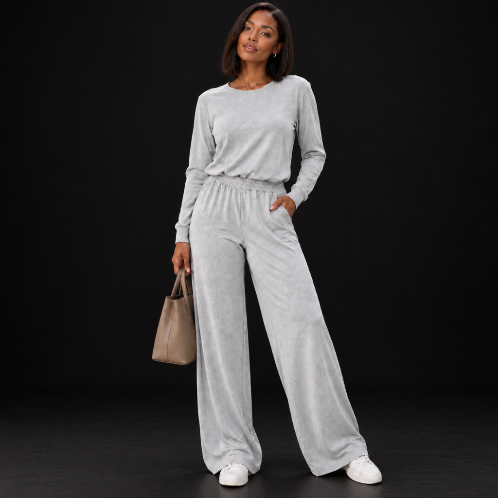Conjunto Feminino Moletinho Lanzinha Manga Longa Calça Pantalona com Bolso moda Casual Inverno Elegante