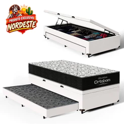Cama Box Baú com Colchão de Espuma D45 Ortobom Airtech 150 + Auxiliar Unique Solteiro 88cm