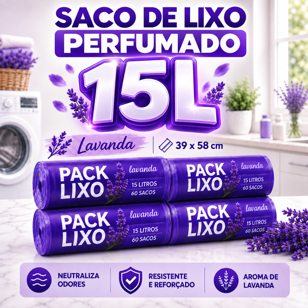 Saco de Lixo Perfumado 15 Litros Cheiroso Lavanda Resistente Economico Neutraliza Mau Cheiro Odores