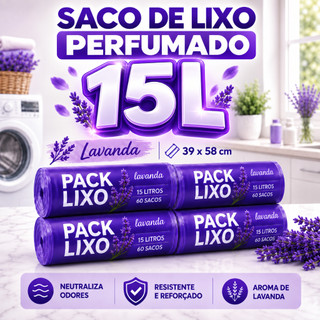 Saco de Lixo Perfumado 15 Litros Cheiroso Lavanda Resistente Economico Neutraliza Mau Cheiro Odores