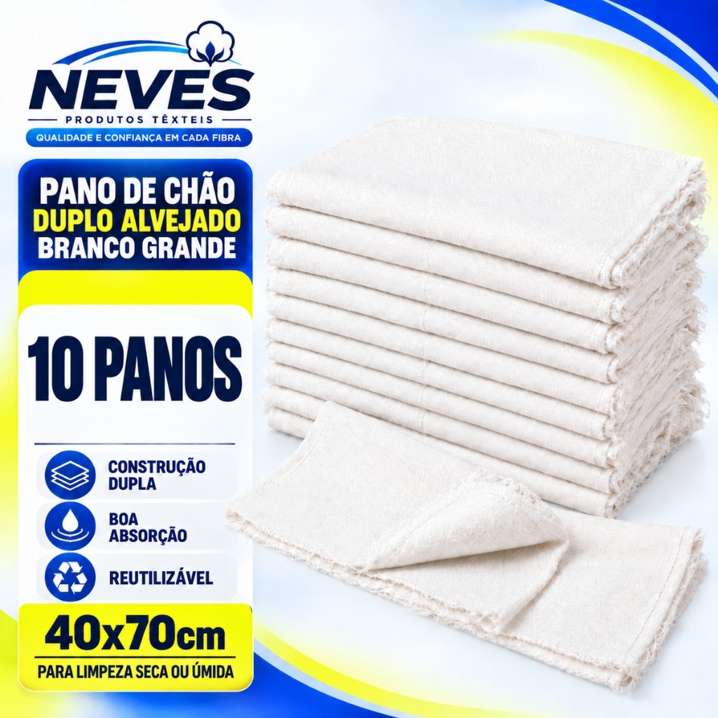 Pano De Chão Duplo Branco Alvejado 100% Algodão Neves - 40x70cm - Kit Com 10un