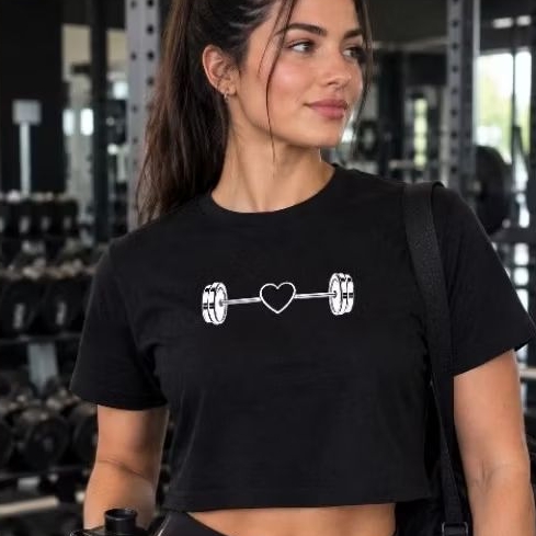 Cropped Feminino Academia Camiseta Curta Blusinha Fitness Treino Musculação Estampa Halter Coração Algodão Confortável